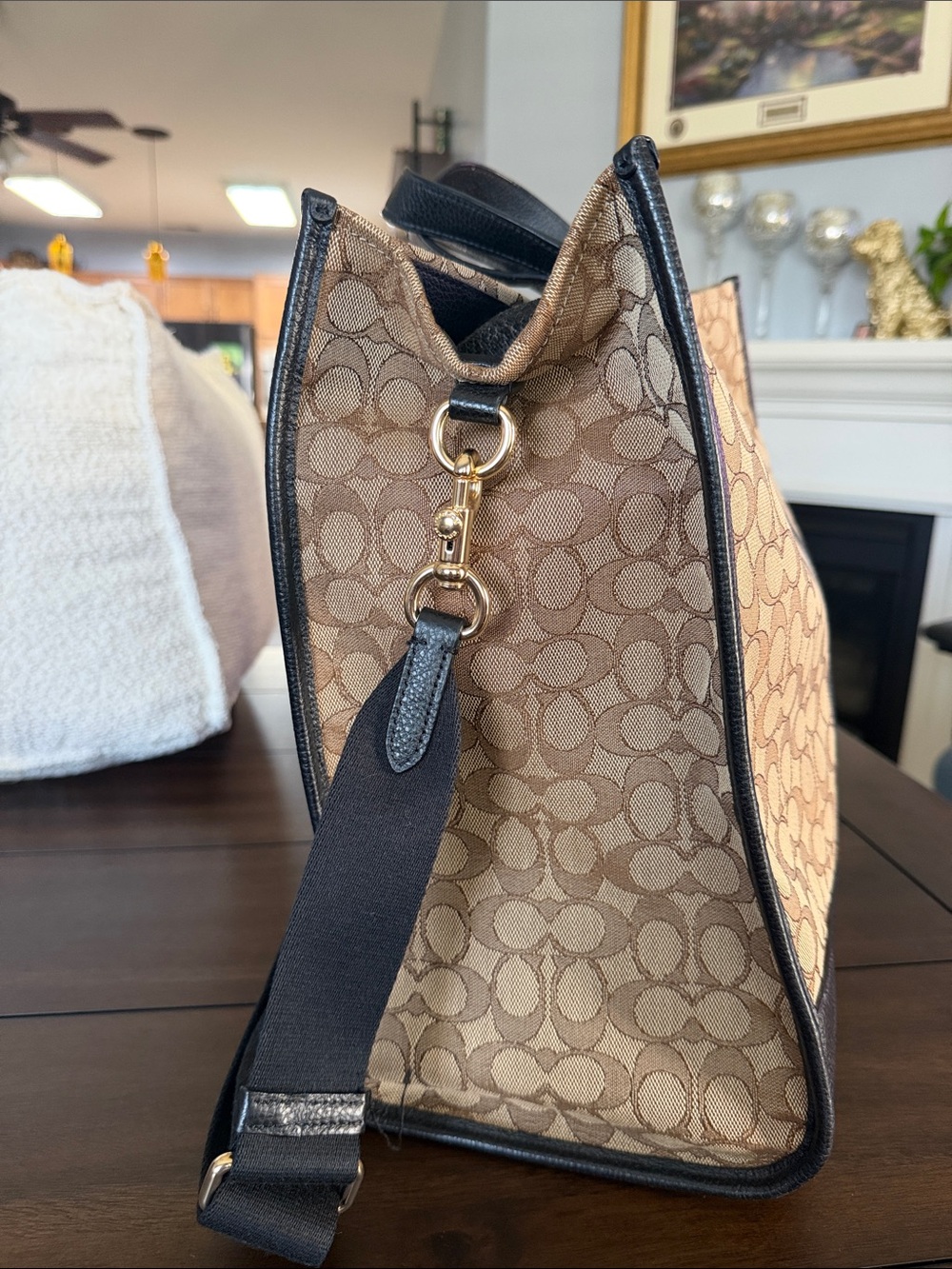 Coach Brown Signature Canvas Tote with Black Trim and Stripe - Picture 4 of 7